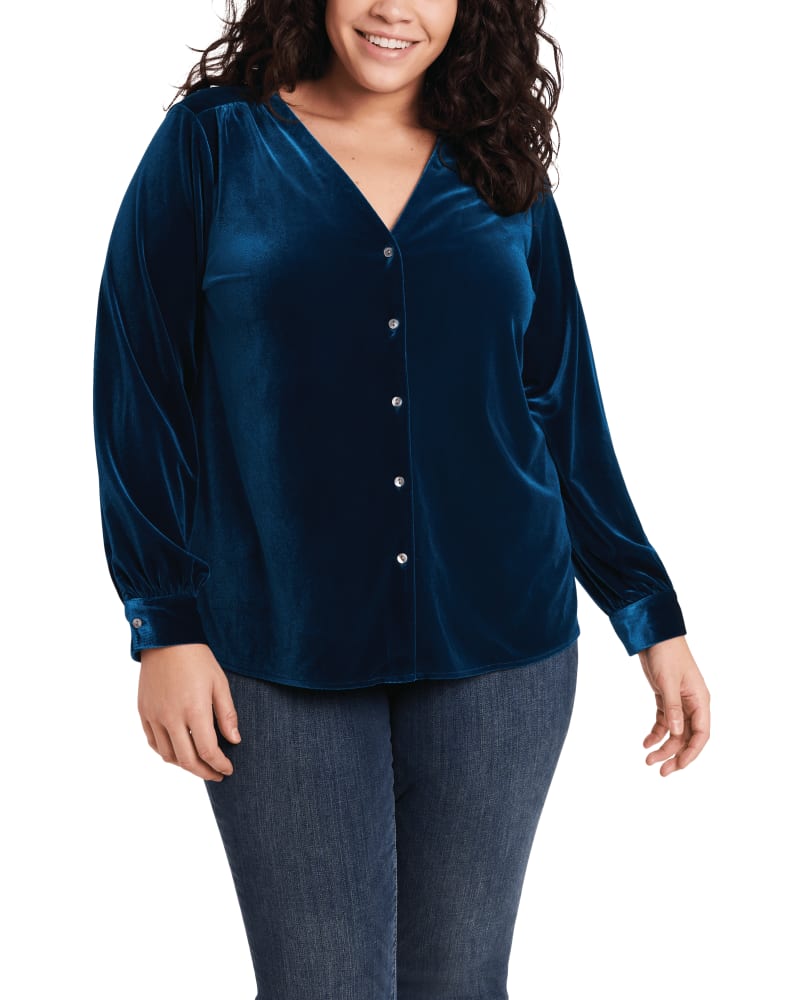 Front of a model wearing a size 0X Luna Velvet Button Front Top in Mountain Blue by 1.State. | dia_product_style_image_id:262140